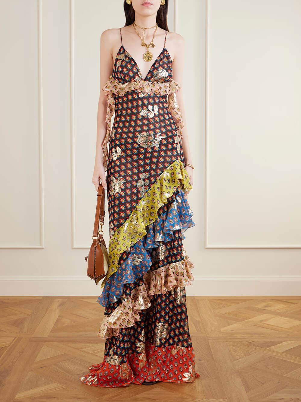 Delicate Ruffled Tiered Printed Metallic Chiffon Maxi Dress