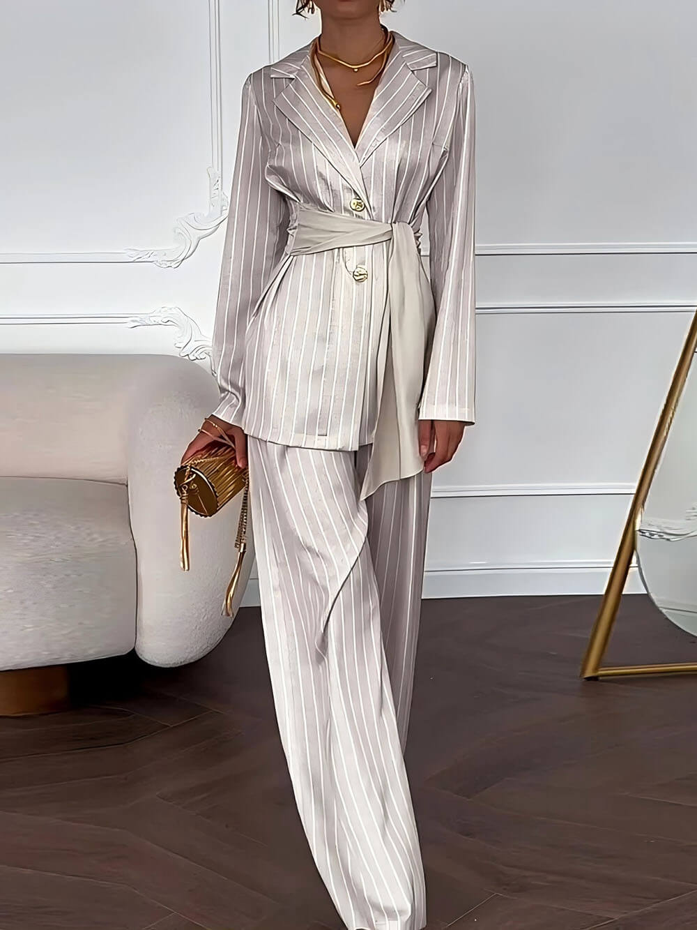 Exquisite Striped Print High-Waist Straight Pants