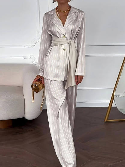 Exquisite Striped Print High-Waist Straight Pants