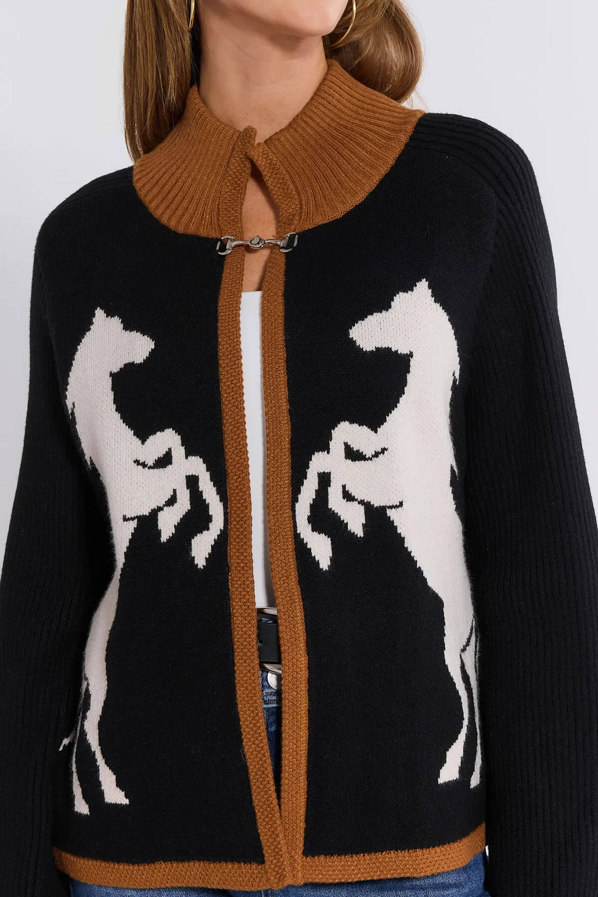 Fashion White Horse Pattern Casual Long-sleeved Knitted Cardigan