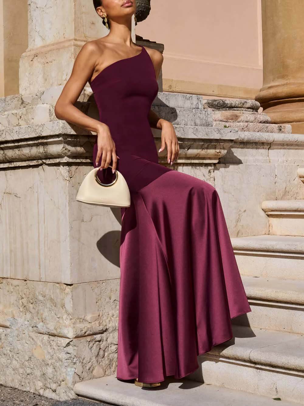 Elegant One-Shoulder Maroon Panel Mermaid Maxi Dress