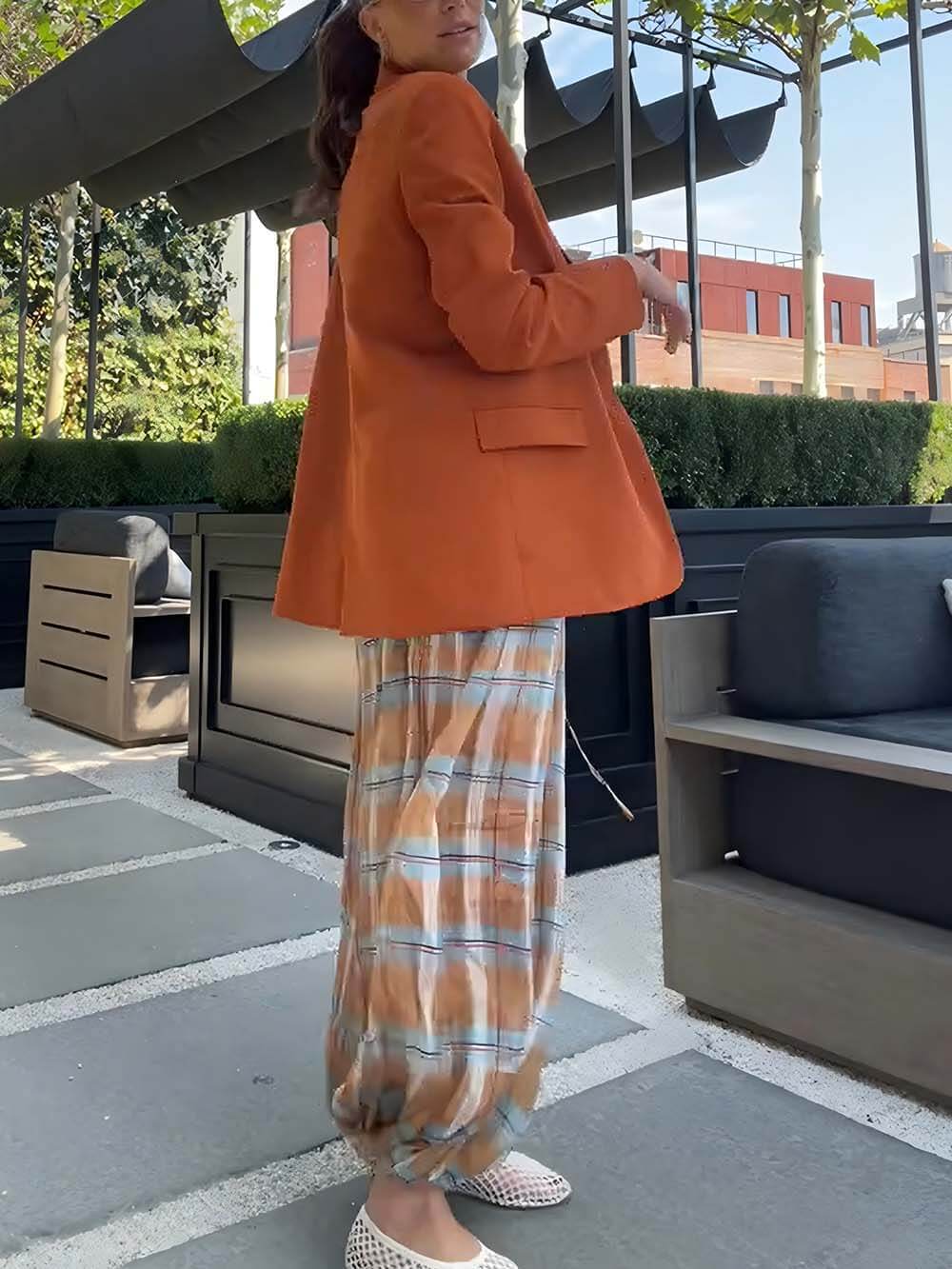 Unique Plaid Print Elastic Waist Tapered Lantern Pants