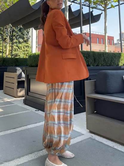 Unique Plaid Print Elastic Waist Tapered Lantern Pants