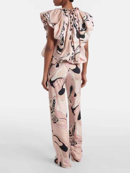 Exquisite Orchid Print Elastic Waist Straight-Leg Pants