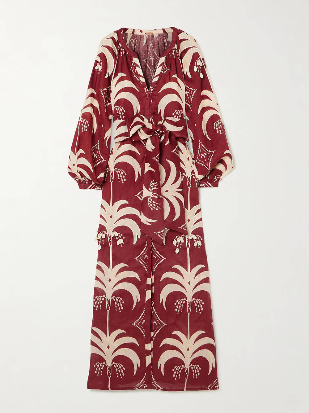 Retro Print Linen Tie-Waist Midi Dress