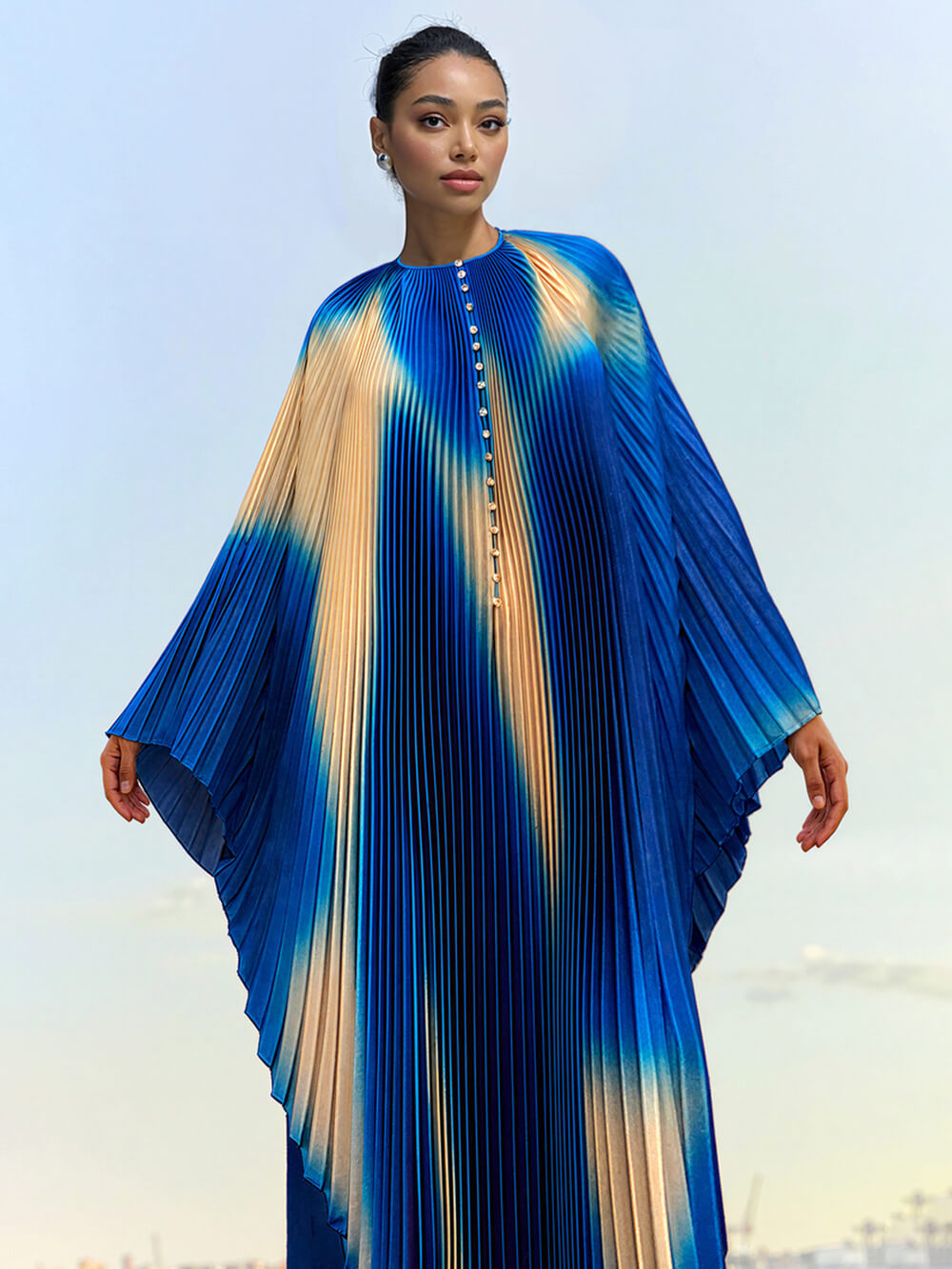 Elegant Printed Pleated Robe-Style Maxi Dress