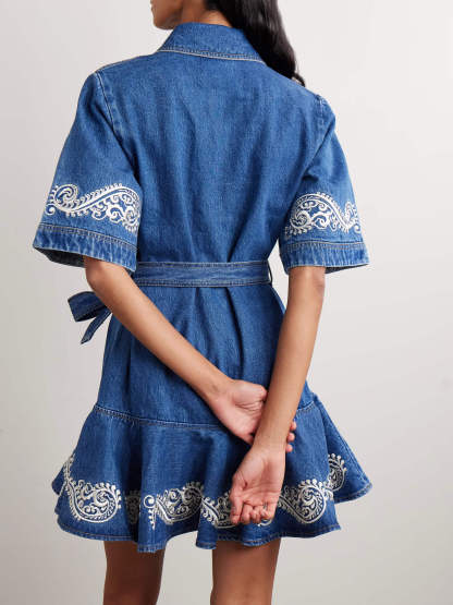 Classic Belted Ruffle Hem Denim Mini Dress