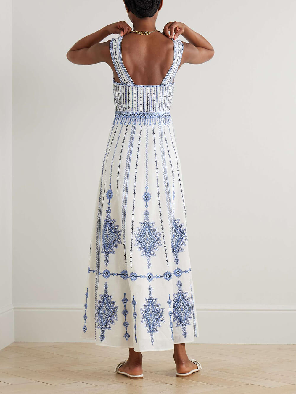 Retro Ethnic Print Linen-Blend Open-Back Maxi Dress