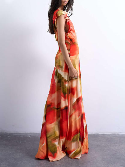 Unique Abstract Floral Print Draped Back Flowing Sleeves Maxi Dress