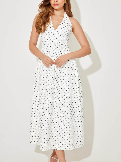 Classic Polka Dot Print Backless Tie Midi Dress