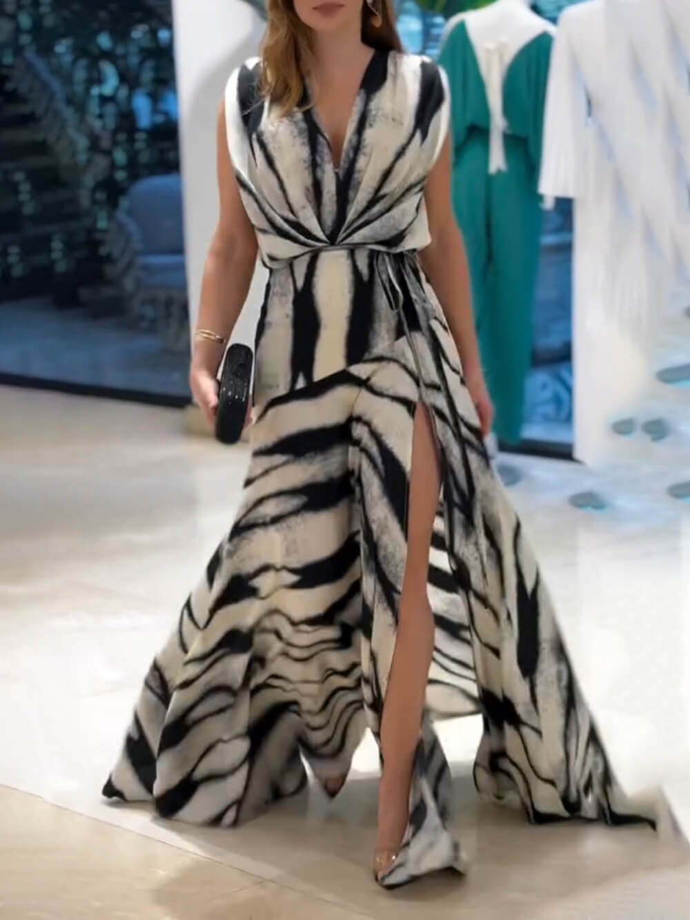 Elegant V-neck Print Slit Casual Maxi Dress