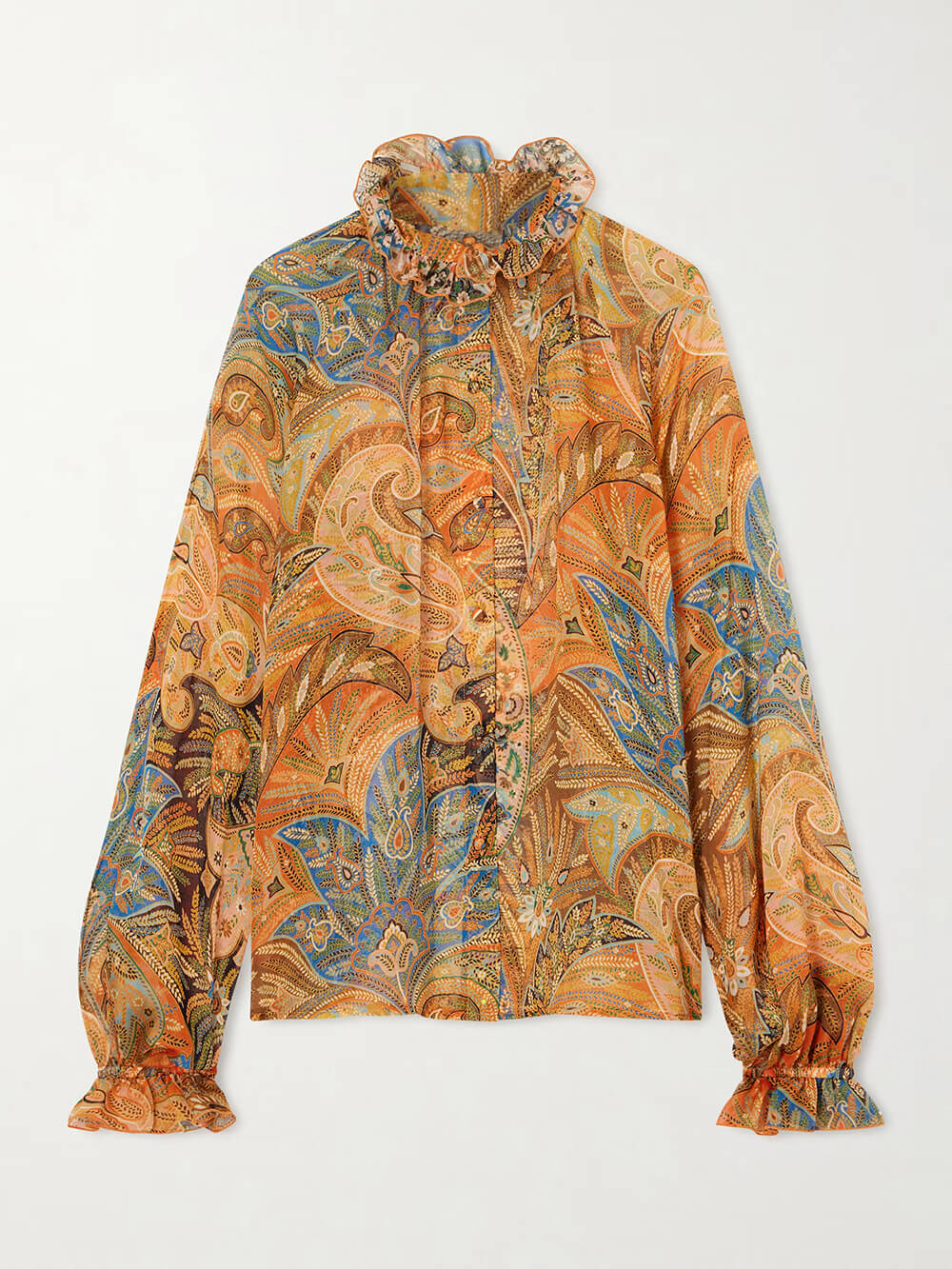 Exquisite Ruffle Trim Paisley Print Chiffon Blouse