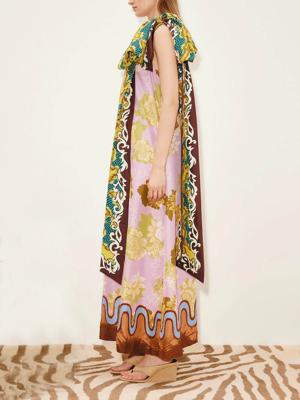 Modern One-Shoulder Printed Satin Bow Maxi Dress