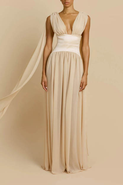 Elegant V-Neck Backless Satin Ruched Maxi Dress