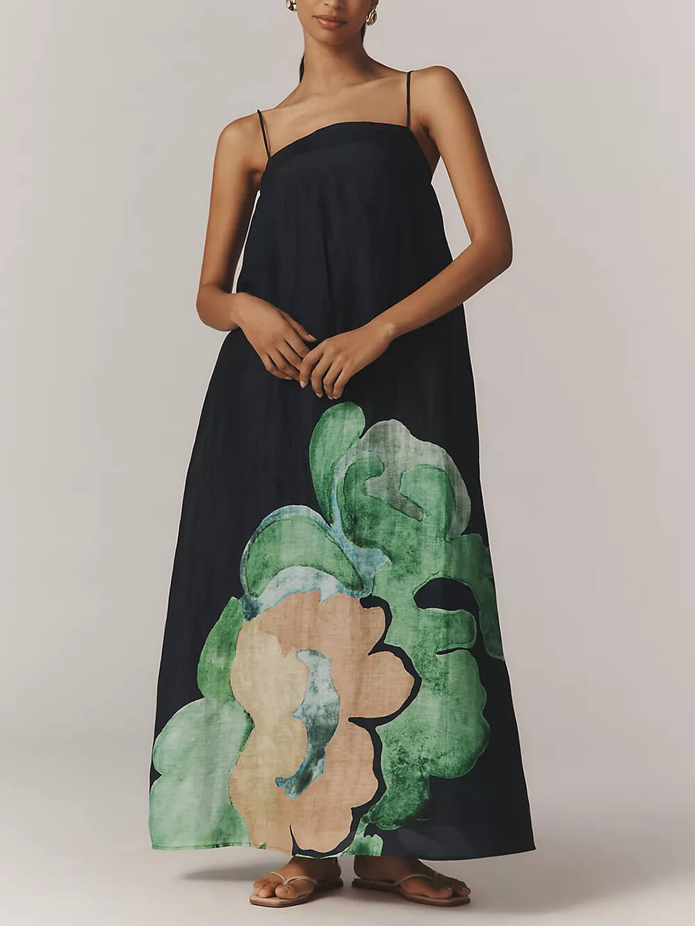 Delicate Strappy Backless Floral Linen Maxi Dress