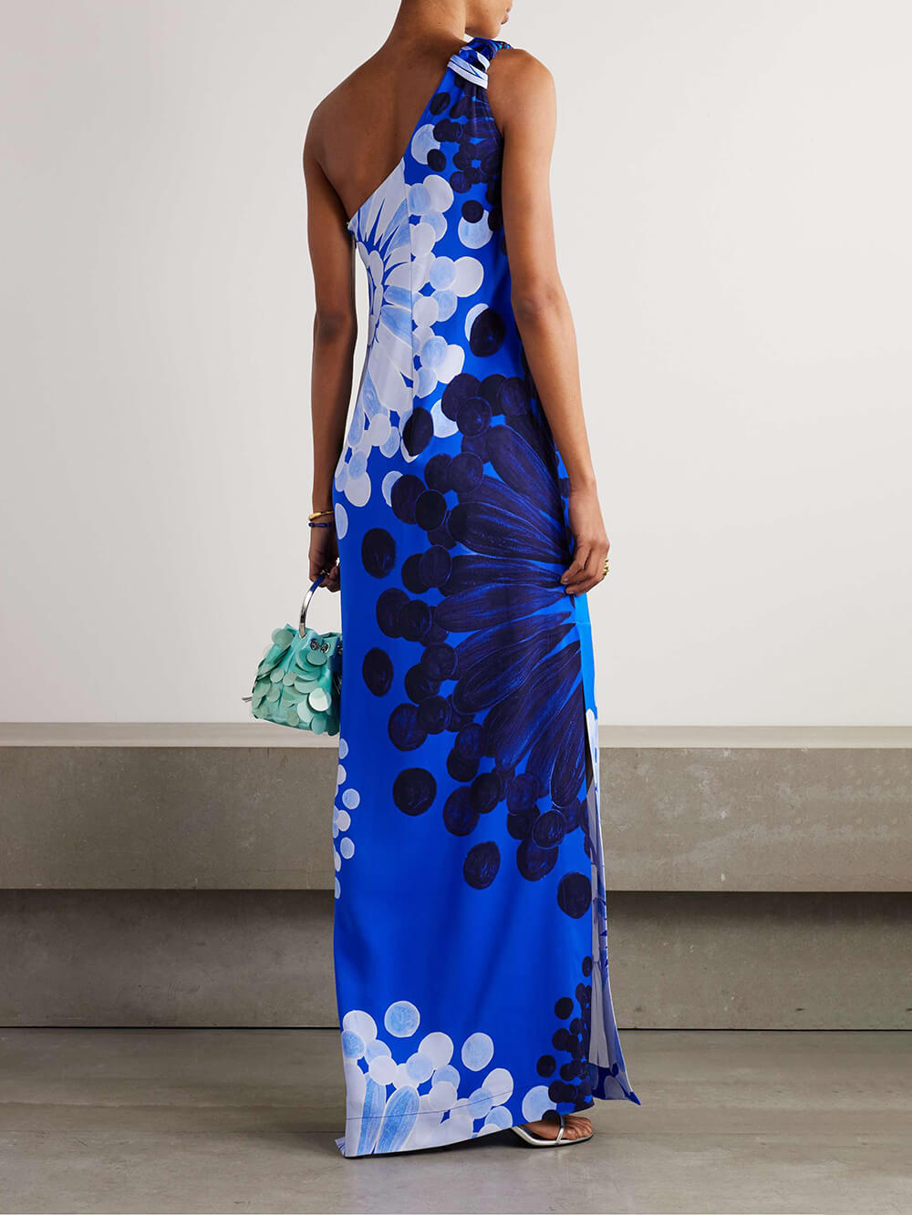 Classic One-Shoulder Floral Print Slit Crepe Maxi Dress