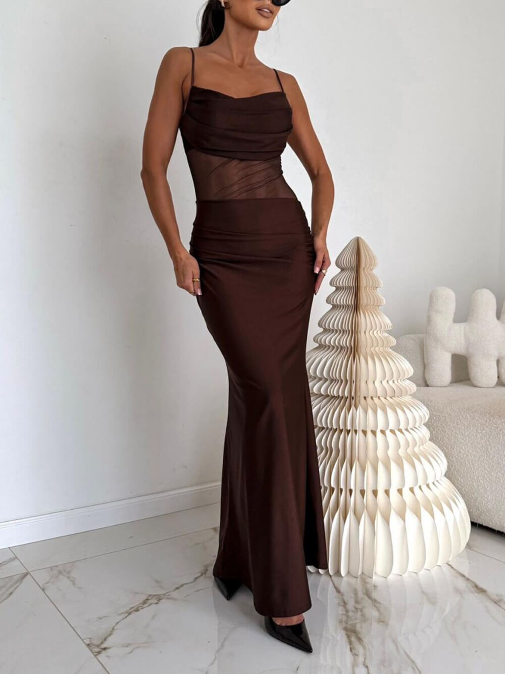 Elegant Off-Shoulder Ribbon Mesh-Panel Spaghetti Strap Maxi Dress