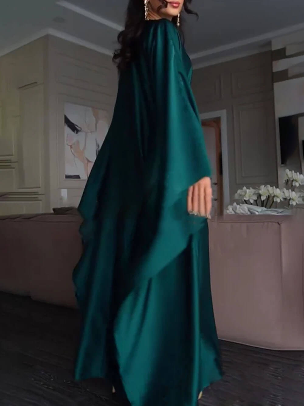 Elegant Satin Batwing Sleeve with Waist Tie Design Dignified A-line Maxi Dress