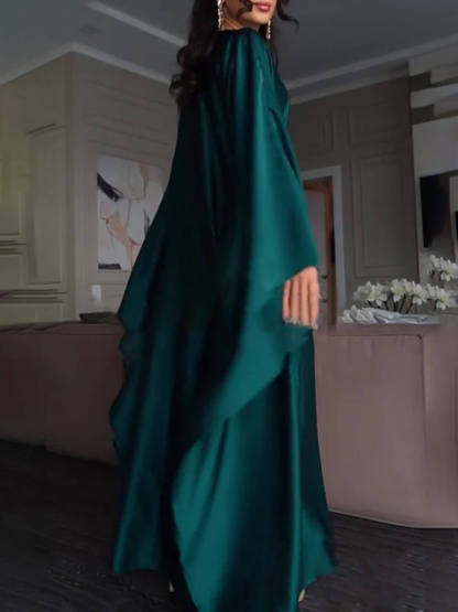 Elegant Satin Batwing Sleeve with Waist Tie Design Dignified A-line Maxi Dress