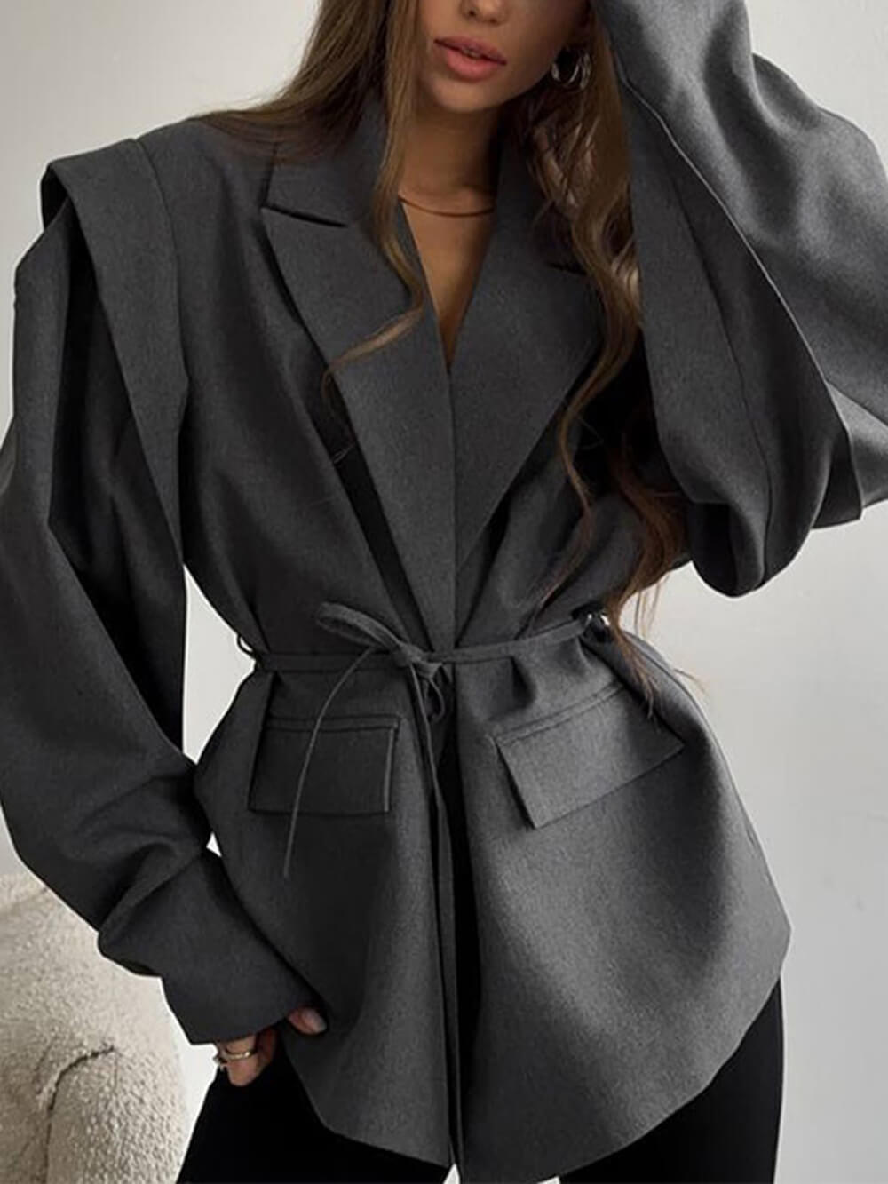 Fashion Collared Belted Loose Blazer