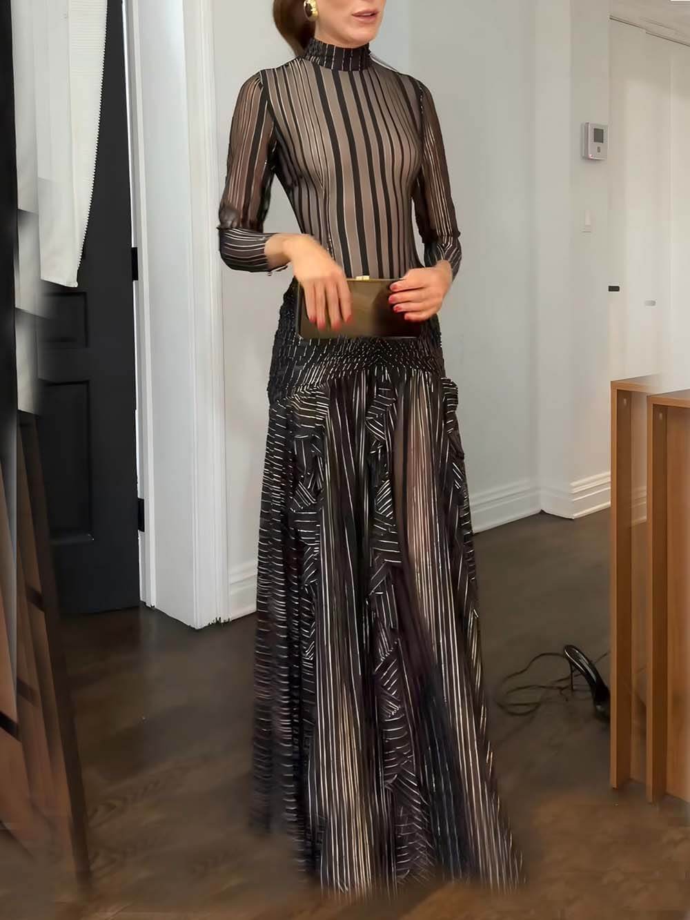 Exquisite Floral Print Ruffle Panel Slit Maxi Dress