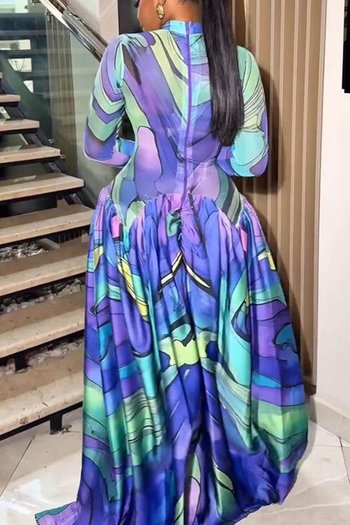 Unique Artistic Print Ruched Maxi Dress