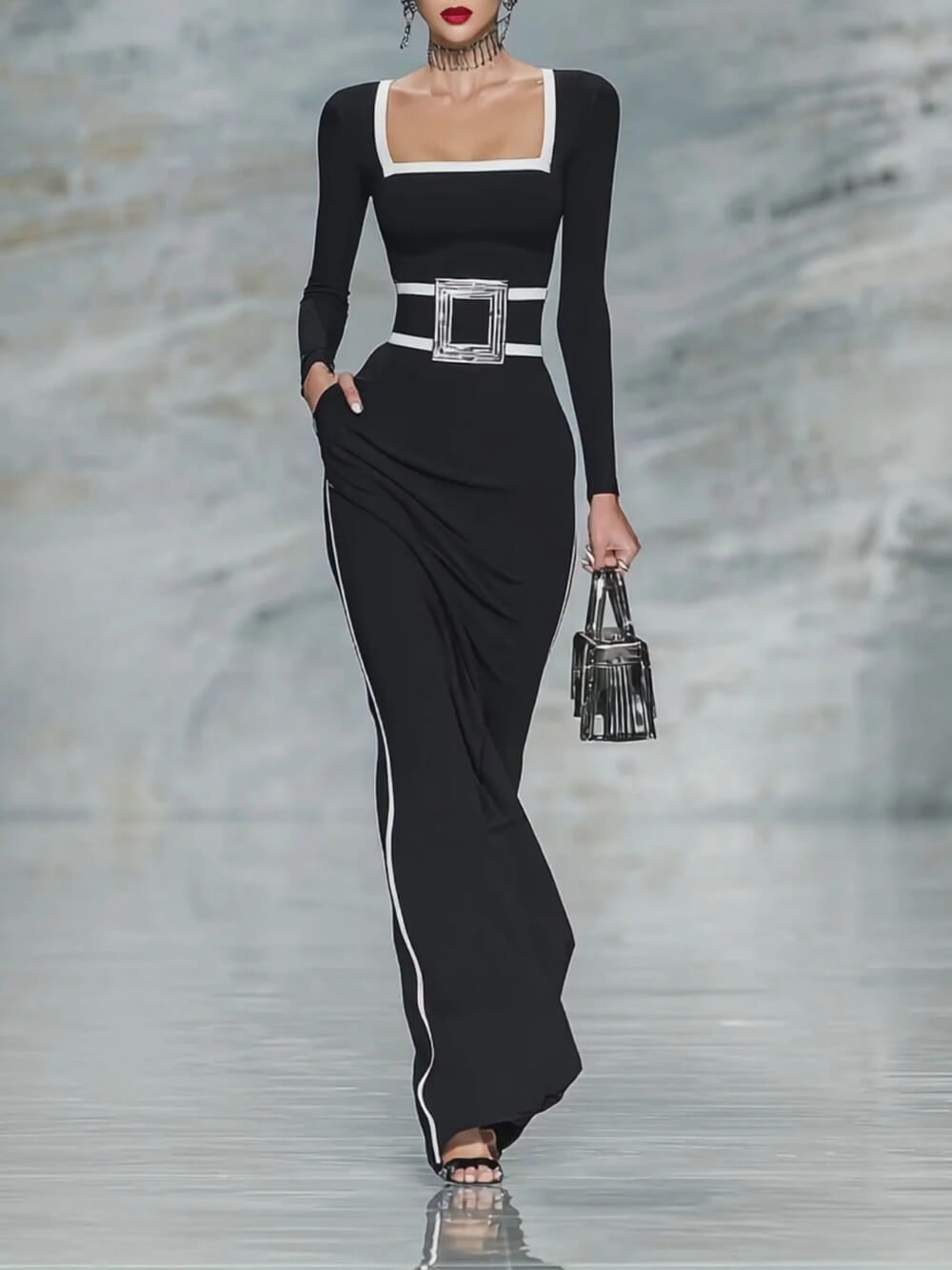 Elegant Black And White Trim Square Neck Long Sleeve Tight Maxi Dress