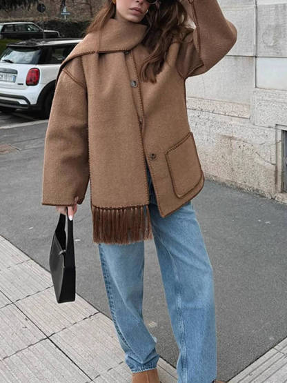 Fashion Solid Color Scarf-Neck Wool Short Coat
