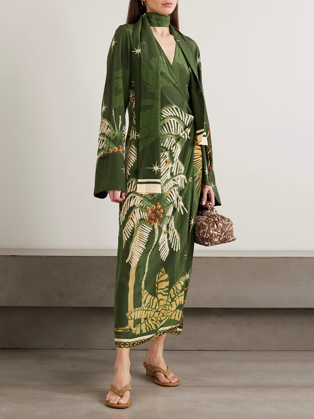 Unique Palm Tree Print Tie-Detail Maxi Dress