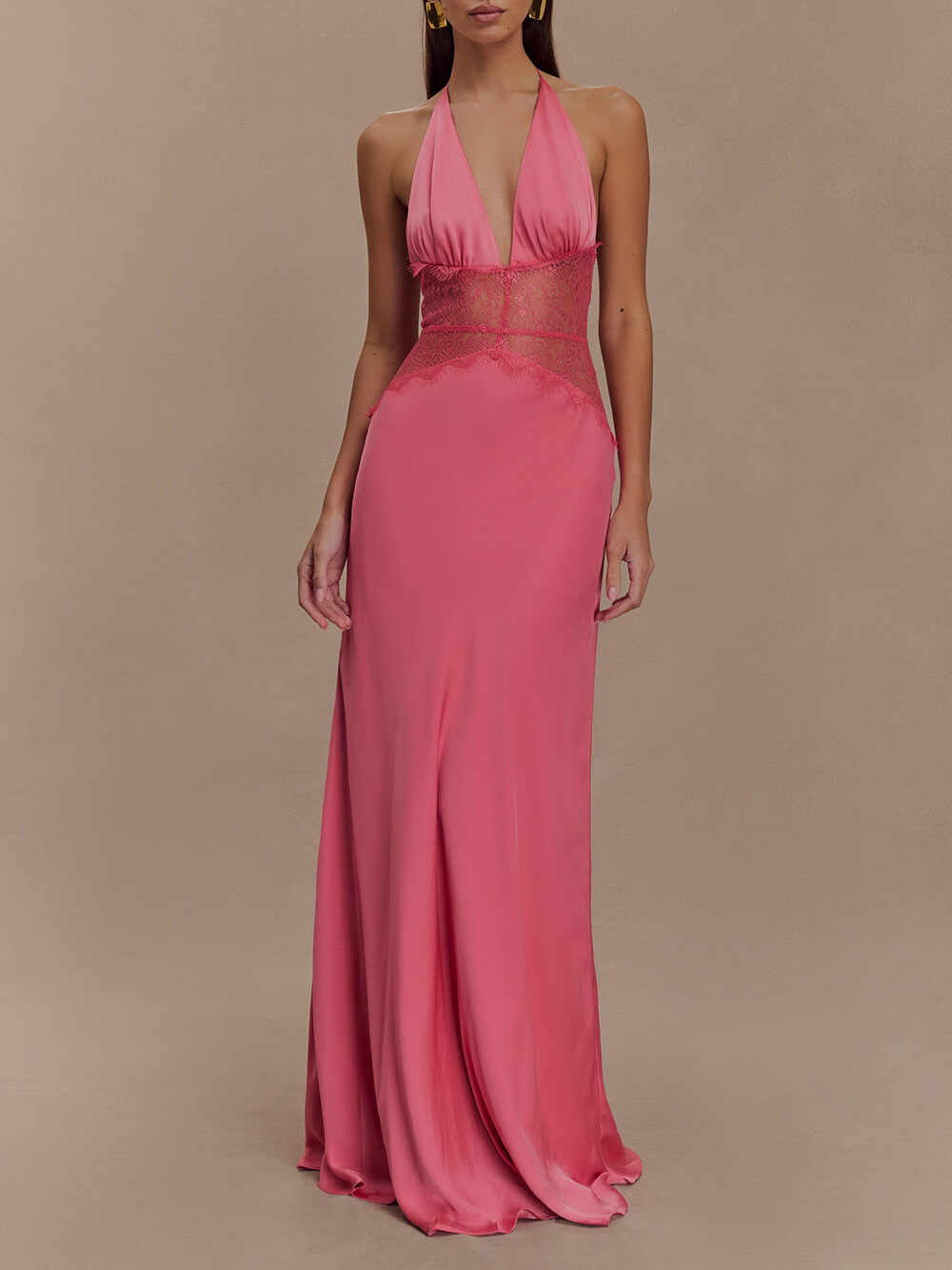 Elegant Lace-Panel V-Neck Lace-Up Satin Maxi Dress