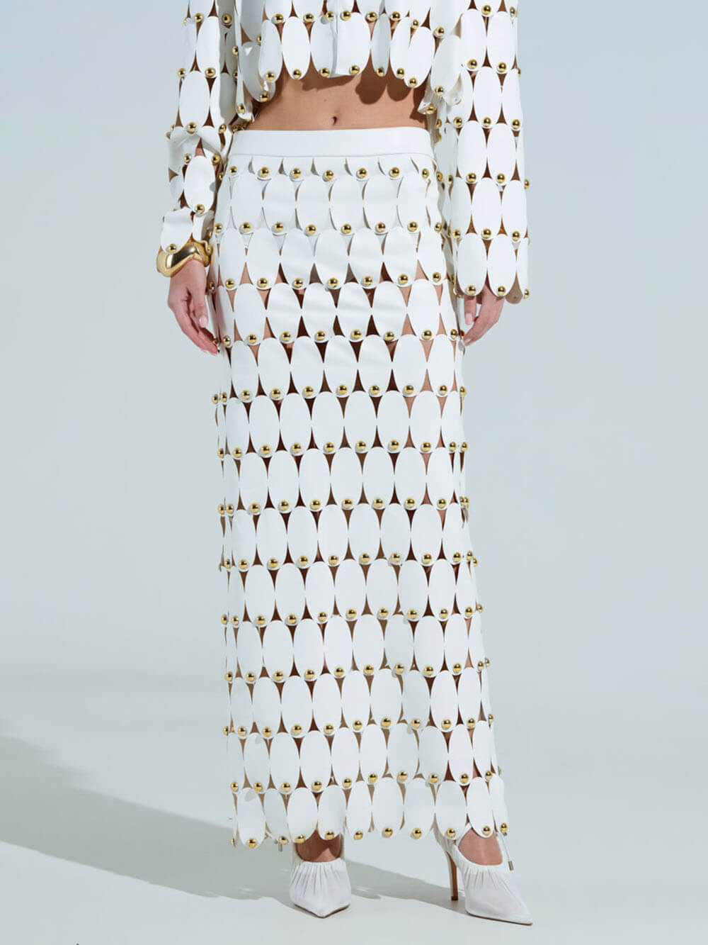 Exquisite Cut-Out Studded PU Cropped Cardigan Top