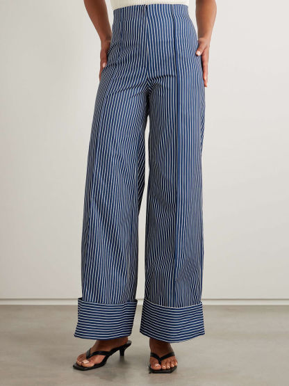 Retro Striped Print Stretch Twill Wide-Leg Pants