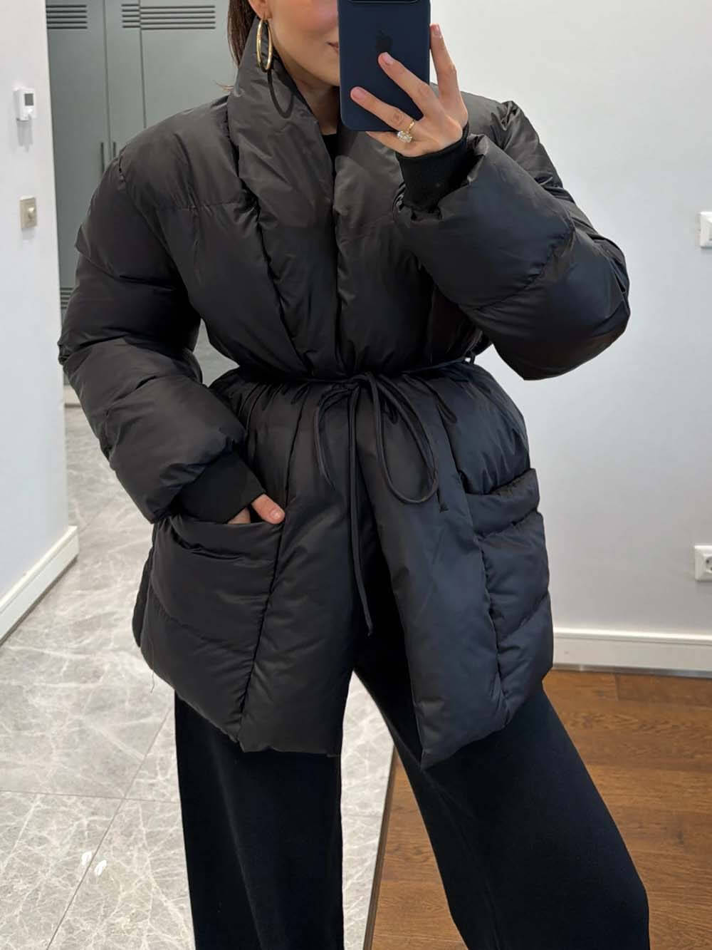 Fashion Pocket Fold-Over Puffy Lace-Up Coat