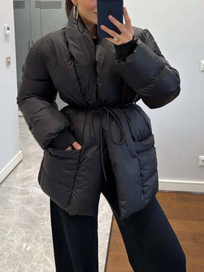 Fashion Pocket Fold-Over Puffy Lace-Up Coat