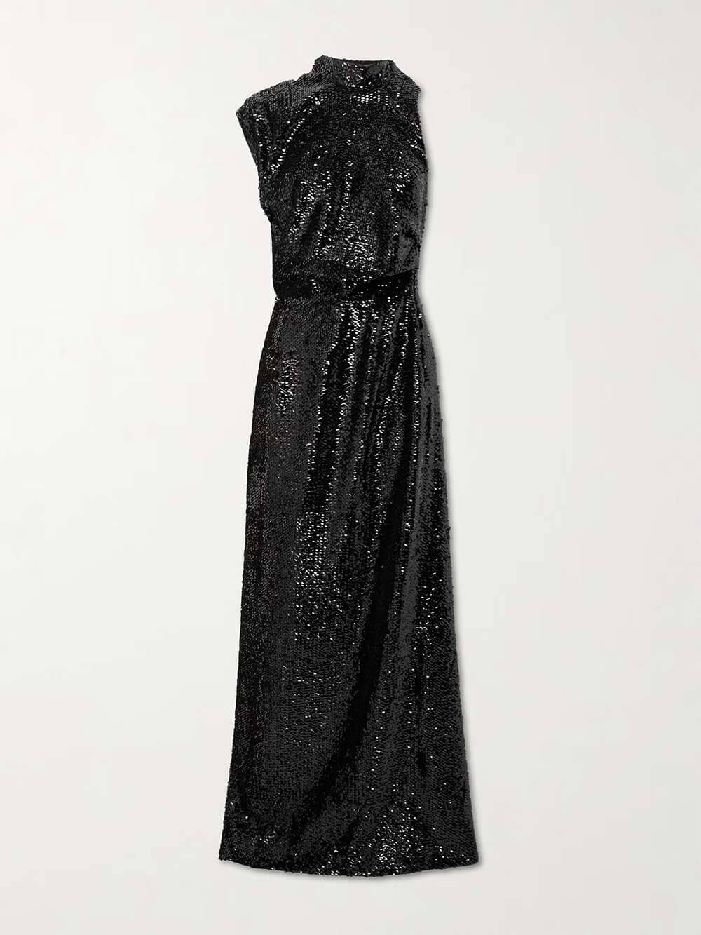 Sequined Draped Asymmetric Crepe Gown Maxi Dress