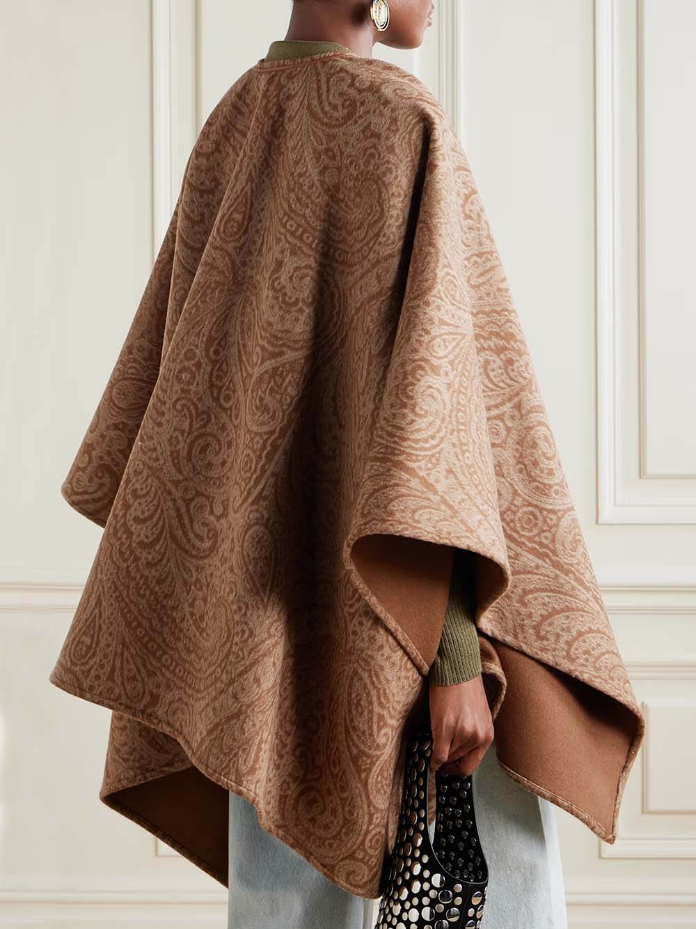 Casual Leather-Trim Paisley Print Cape Coat