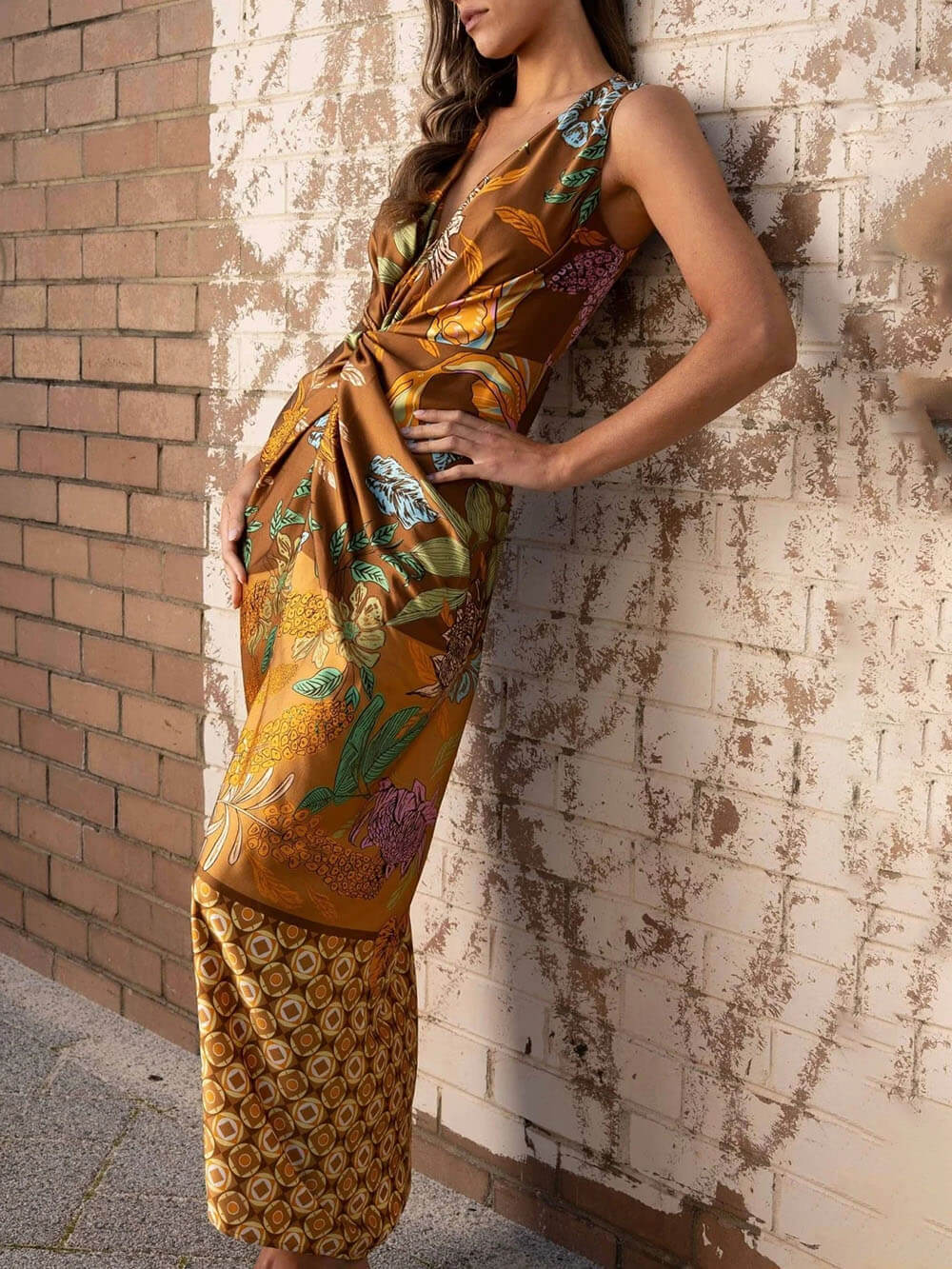 Delicate Floral Print V-Neck Twisted Draped Satin Maxi Dress