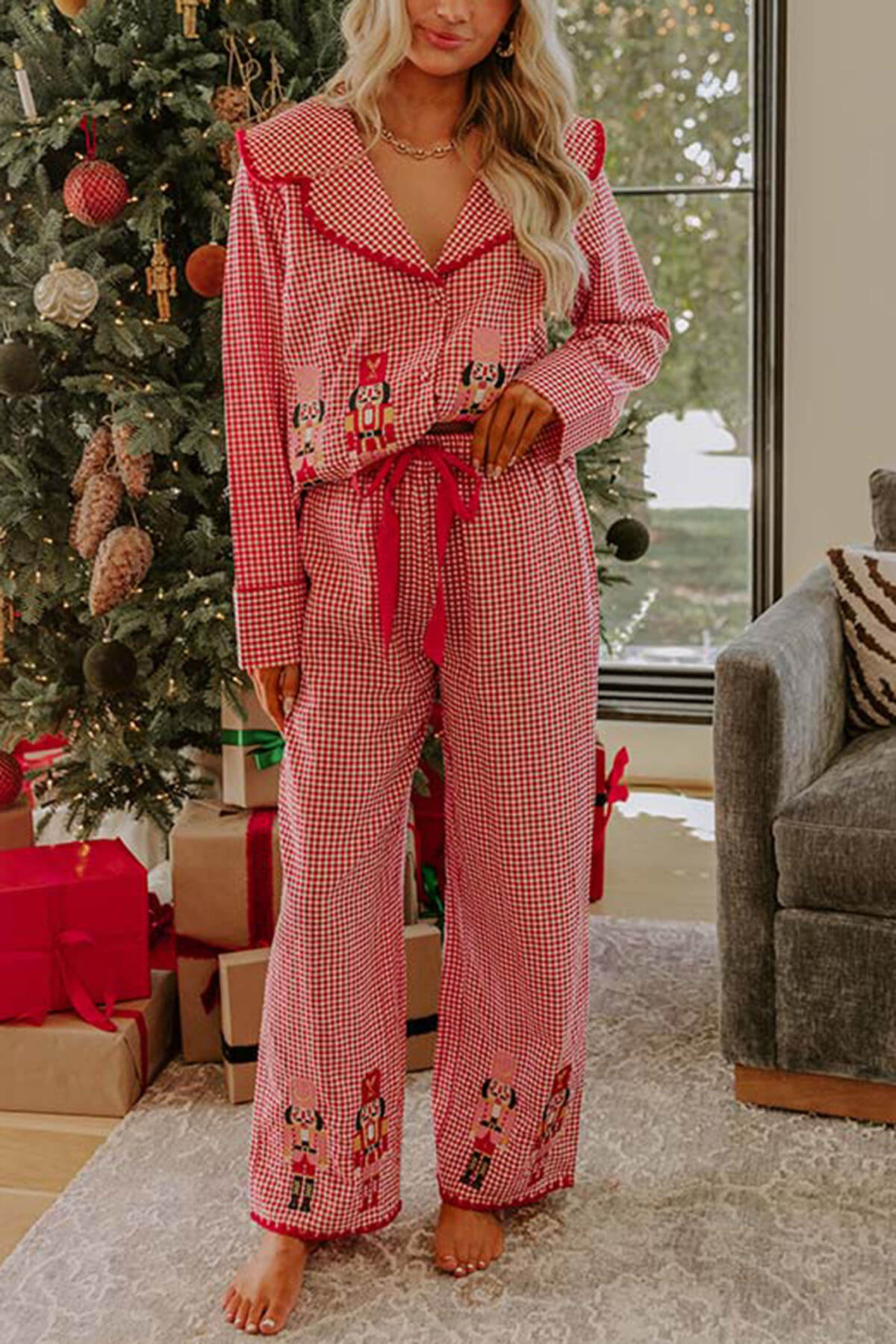 Christmas Nutcracker Charm Embroidered Gingham Loose Shirt and Elastic Waist Pajama Set