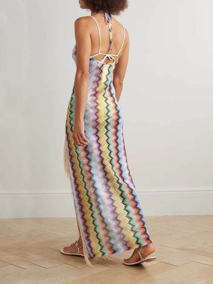 Unique Fringe Patchwork Striped Print Crochet Halter Maxi Dress
