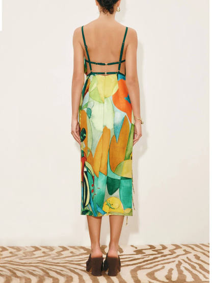 Exquisite Backless Printed Straight-Neck Fringe Midi Dress