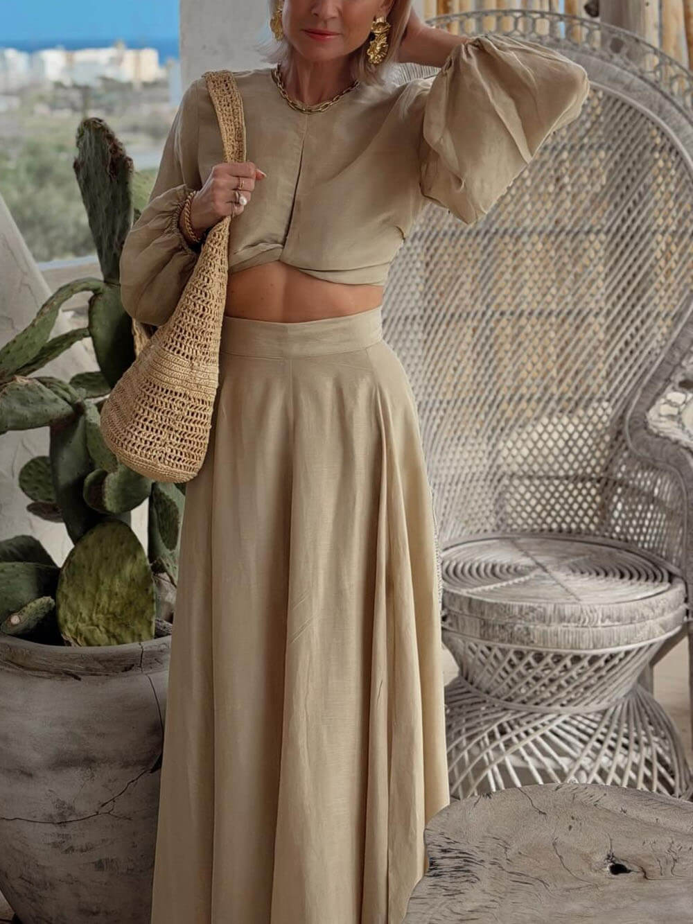 Bohemian Lantern Sleeve Tie-Front Top And High-Waisted Skirt Set