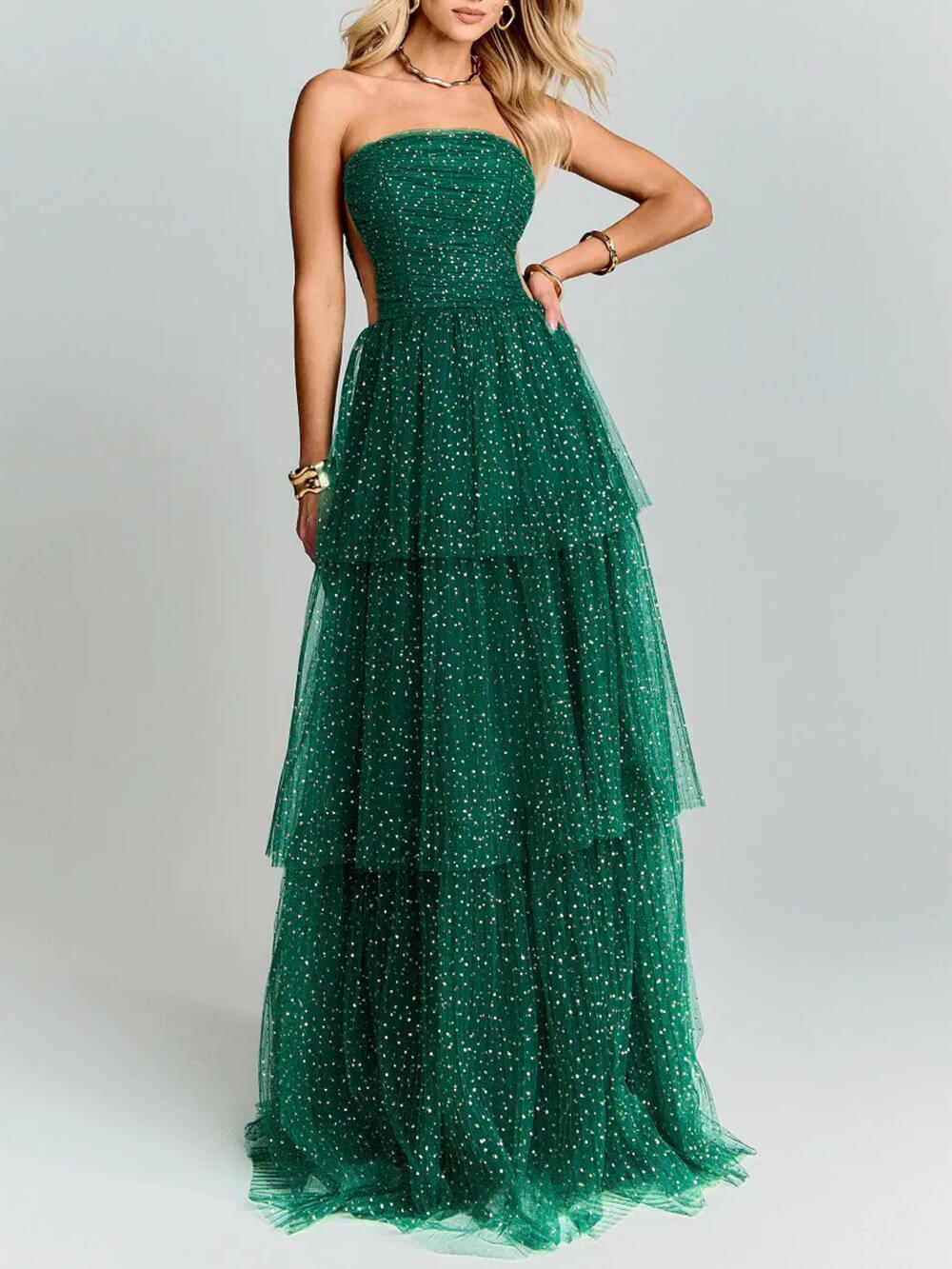 Elegant Green Polka Dot Layered Tulle Party Maxi Dress