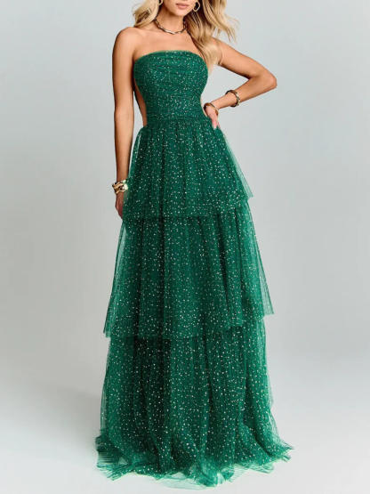 Elegant Green Polka Dot Layered Tulle Party Maxi Dress