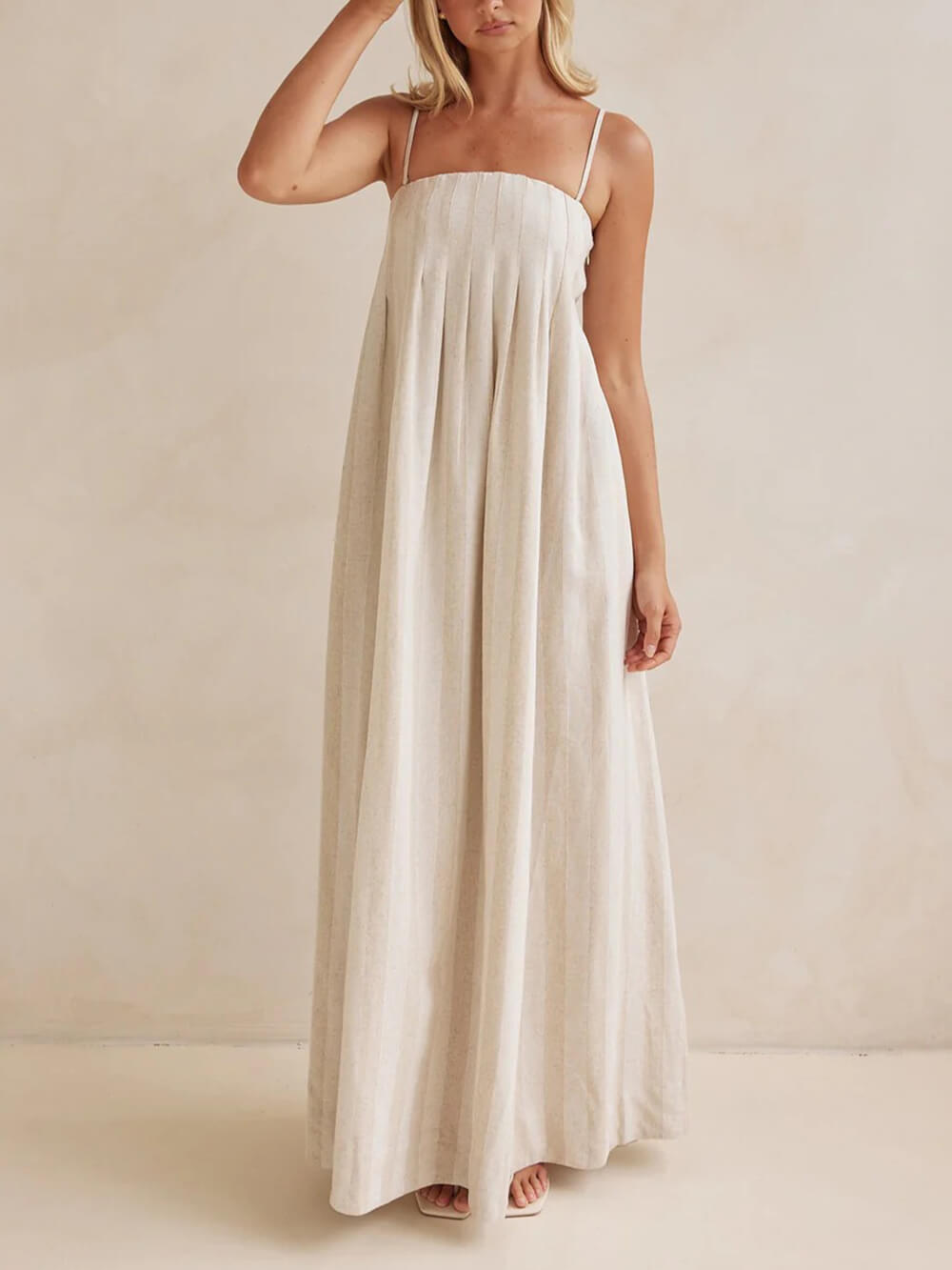 Delicate Striped Patchwork Ruched Casual Cami Maxi Dress