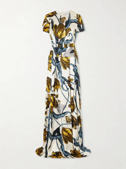Fashion Printed Satin Waist-Cinching Maxi Dress