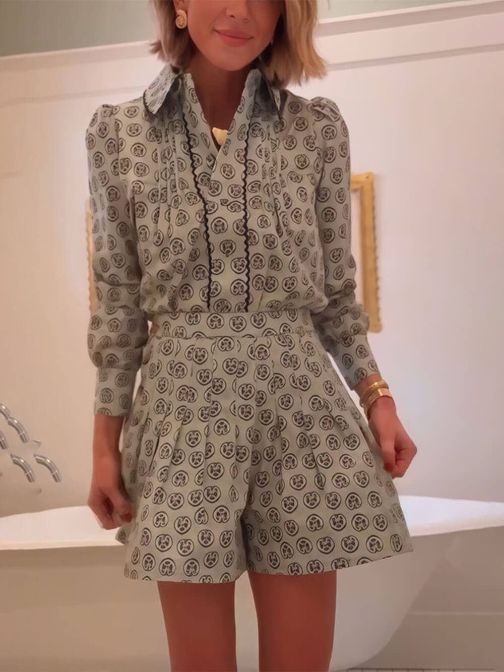 Retro Print Collared Long-Sleeve Shirt and High-Waisted Shorts Set