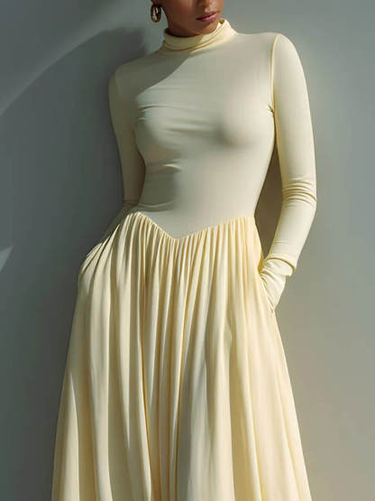 Exquisite Turtleneck Pleated Pocket Maxi Dress