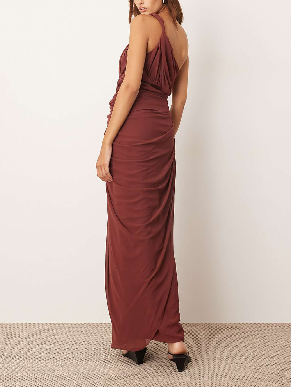 Elegant One-Shoulder Draped Twist Metal Trim Maxi Dress