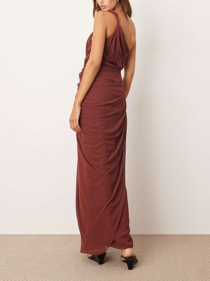 Elegant One-Shoulder Draped Twist Metal Trim Maxi Dress
