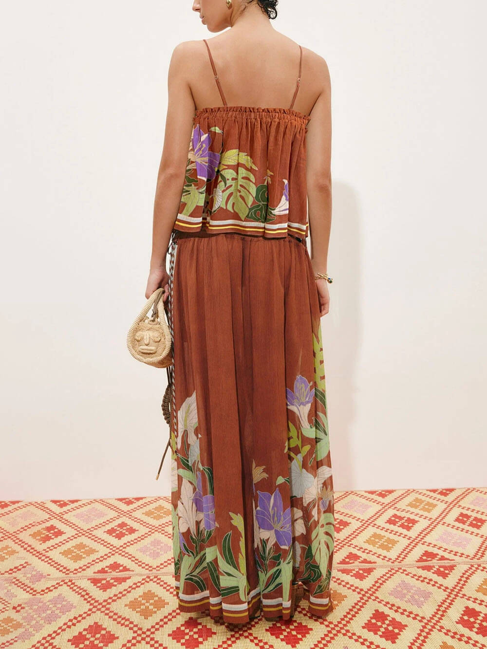 Exquisite Ruffled Adjustable Strap Camisole with Drawstring Slit Wide-Leg Pants Set